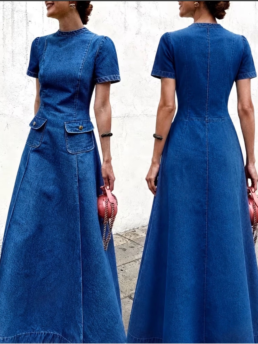 Classic Blue Denim Maxi Dress with Short Sleeves